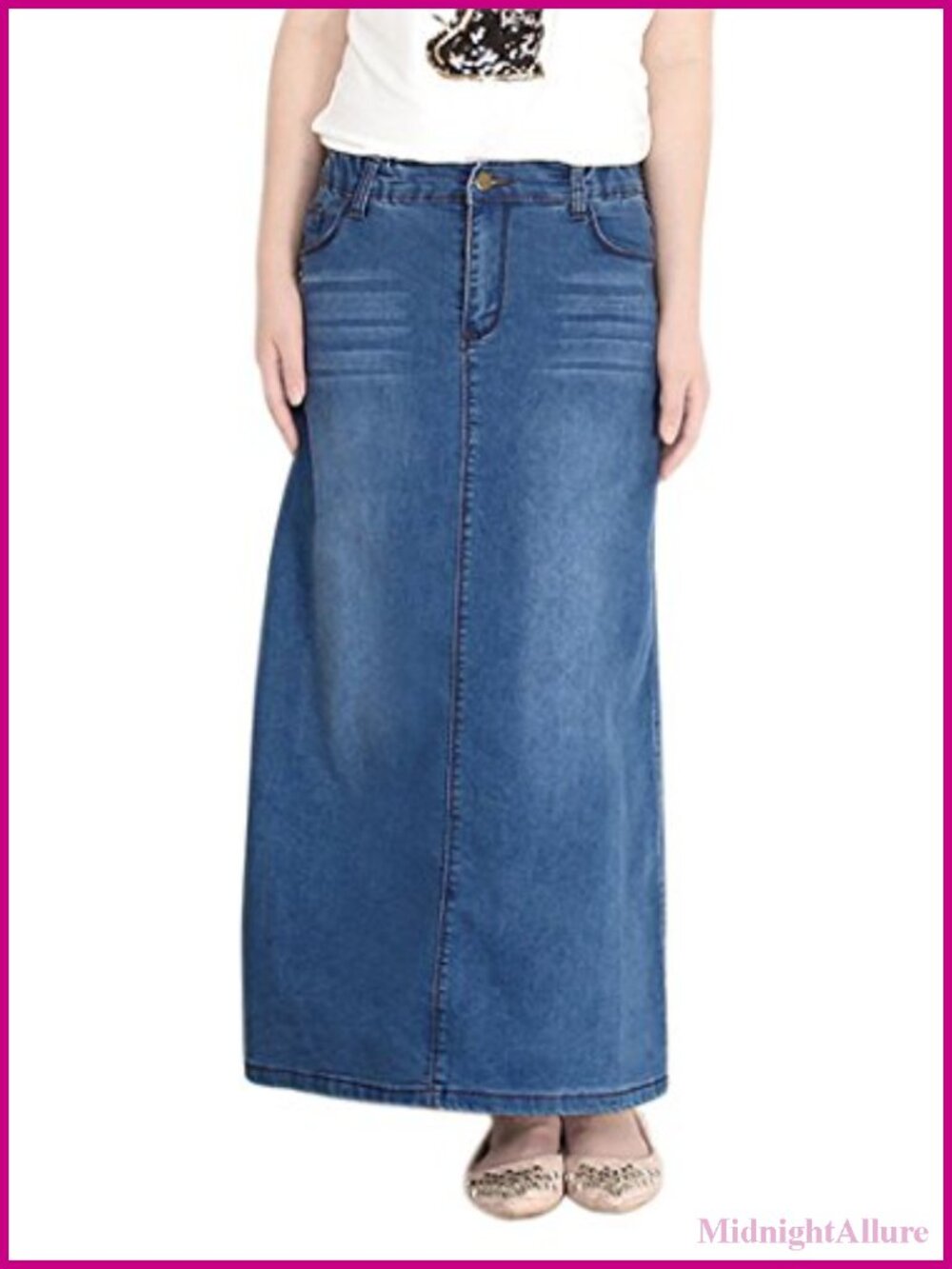 Women's Casual Stretch Waist Washed Denim A-line Maxi Skirt, High Waist 5